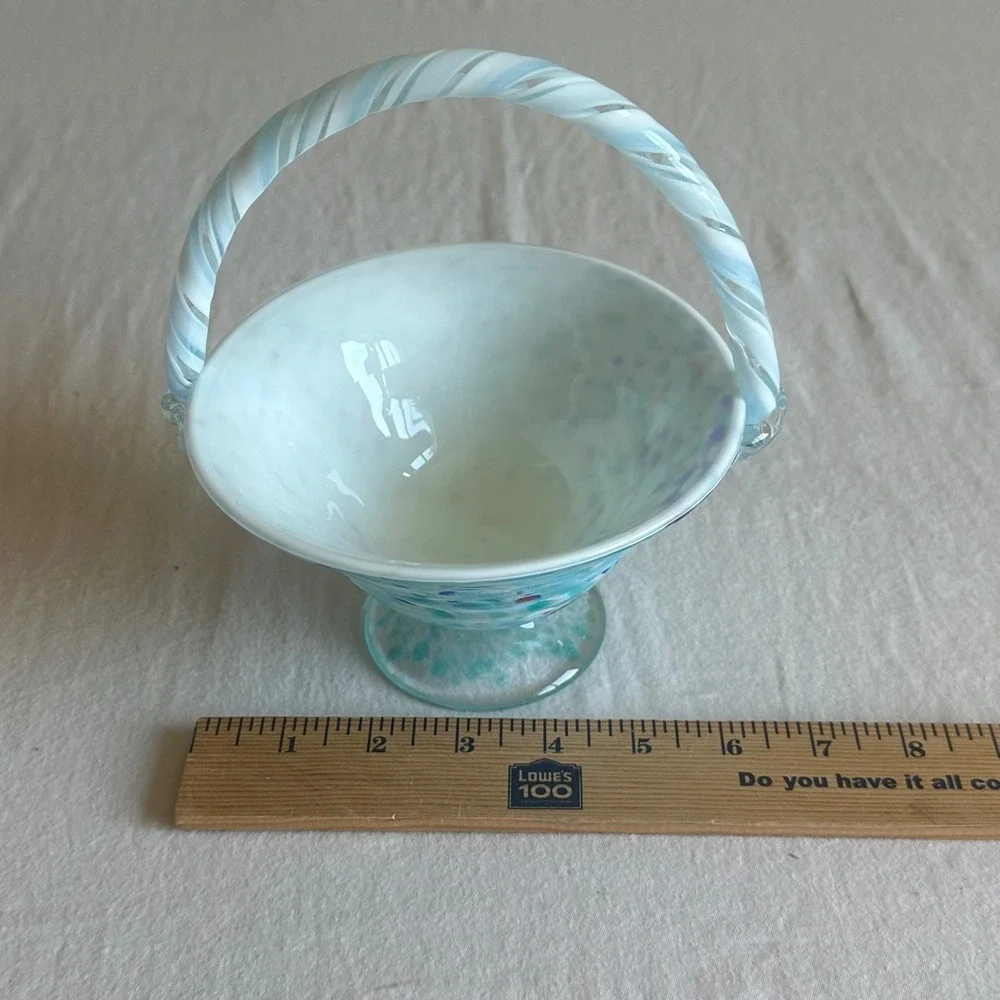 Vintage Blue Confetti Art Glass Basket Twisted Handle Pedestal Hand Blown Bowl